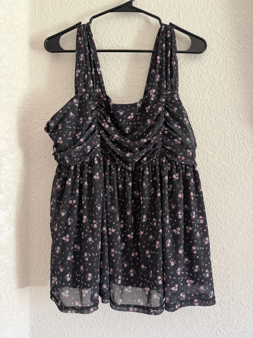 Women's Black Floral Ruched Tank Top